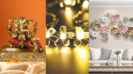 Ganesh Chaturthi decor with vibrant flowers, LED diyas, and sustainable festival accents from Apka Interior