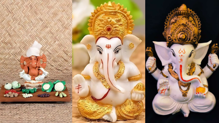 Eco-friendly clay Ganesh idol decorated with fresh flowers and diyas for Ganesh Chaturthi home decor